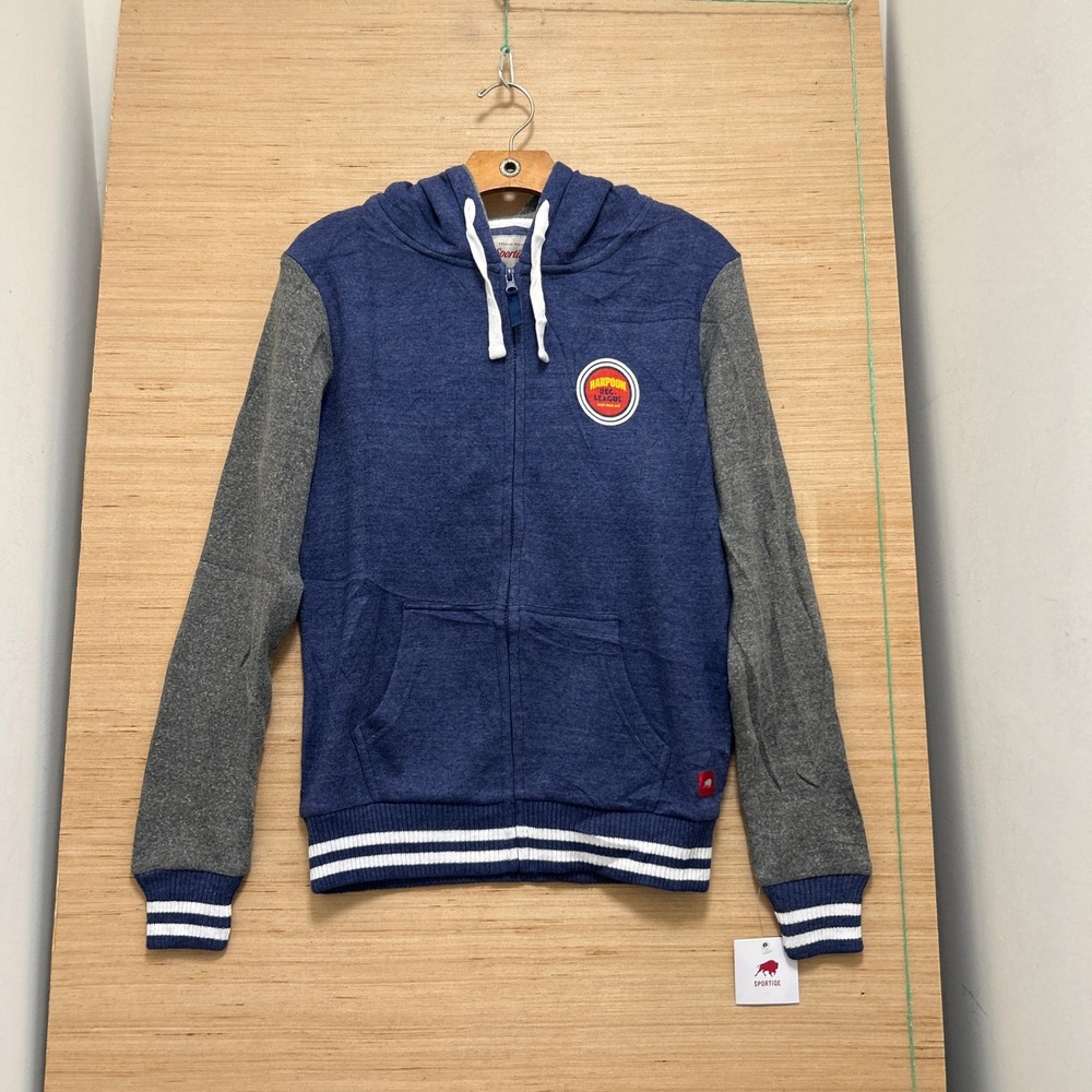 Sportiqe Harpoon Brewery Rec League Hoodie Blue Grey Zip Varsity Mens S NEW